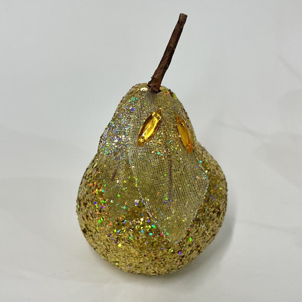 4 Sequin Gold Pear Faux Fruit Jewel Glitter Leaves Decorative Holiday Decor 5” - Picture 2 of 9